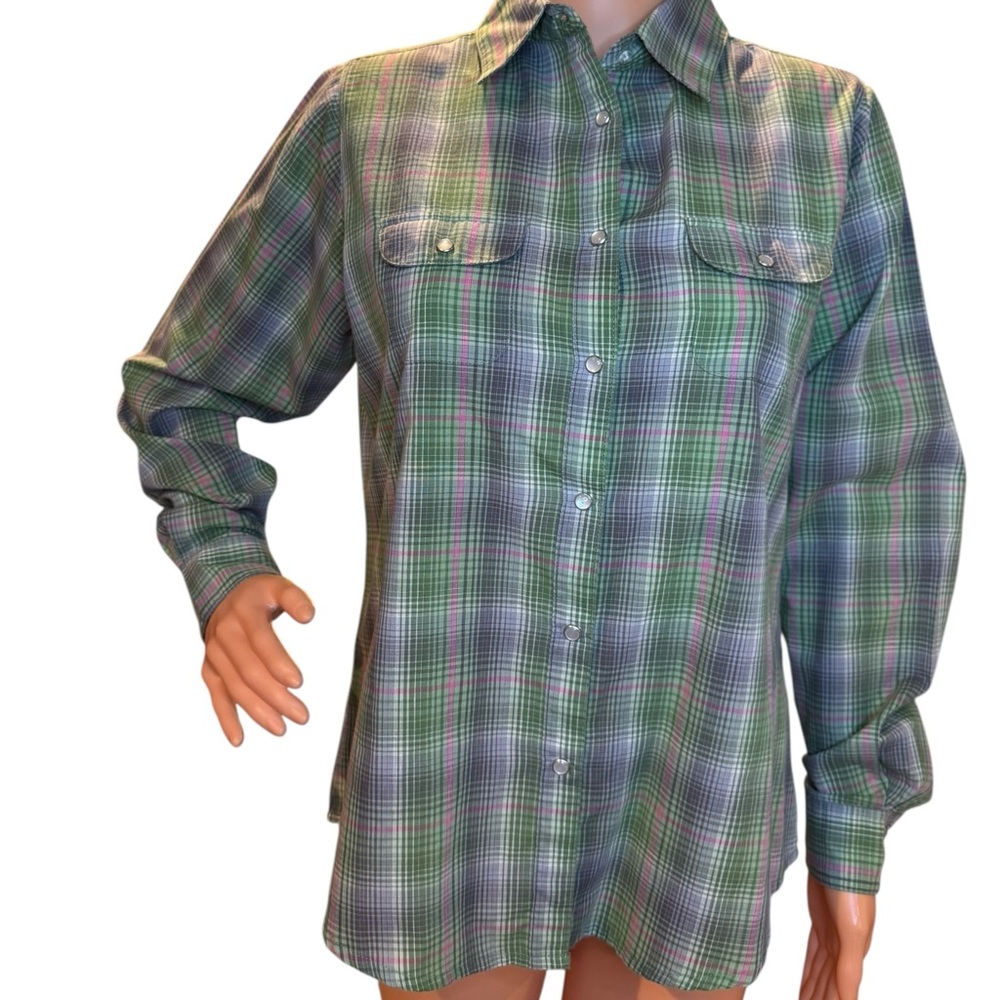 Wrangler Women's Green Plaid Western Button Down Shirt Pearl Snaps Medium